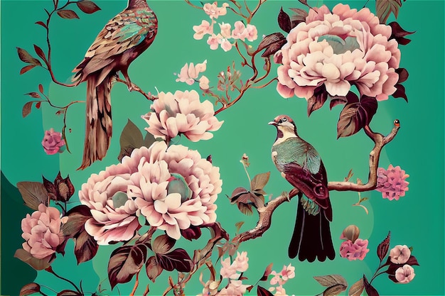 Vintage floral pattern with birds and peonies with a luxury finish generative AI