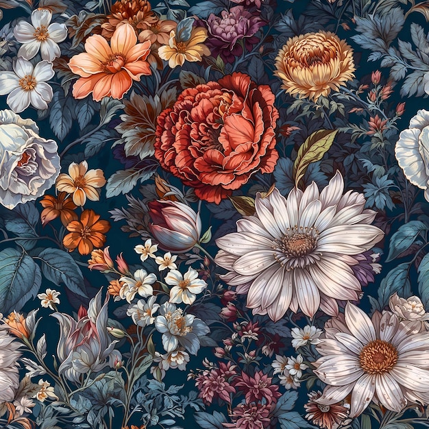 Vintage floral seamless pattern with diverse blooming flowers on dark background wallpaper design