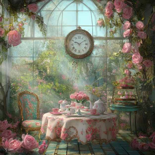 A vintage floral tea party set in a greenhouse with a clock and roses