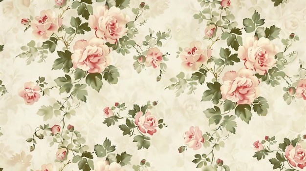 Vintage Floral Wallpaper Pink Roses in Full Bloom