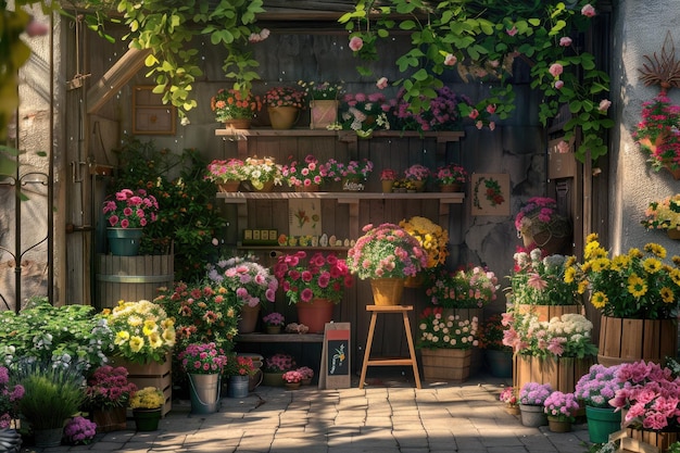 Vintage Flower Shop in Garden with Plants