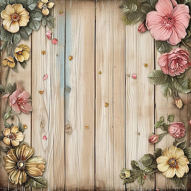 Vintage Flowers Wood Background