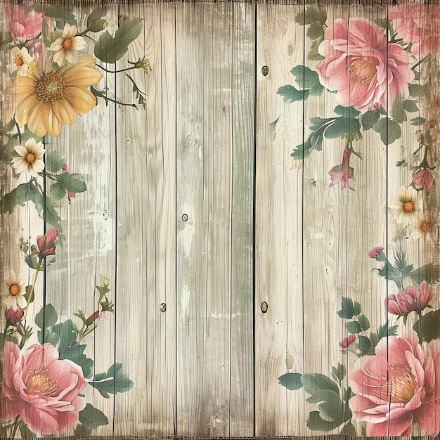 Vintage Flowers Wood Background