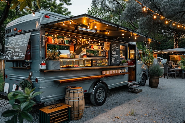 Photo vintage food truck open serving gourmet dishes under string lights in outdoor setting a vintageinspired food truck serving up gourmet street food