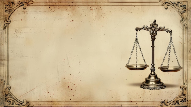 Photo vintage frame border background with judge concept featuring scales of justice on antique paper texture