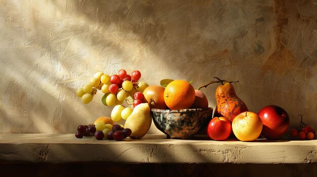 Photo vintage fruit still life with dramatic shadows and rich textures classic warm tones high detail digital photography