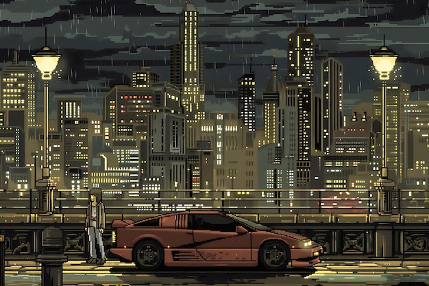 Vintage and furious game screenshot with sport car and standing woman on night