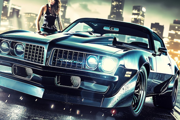 Vintage and furious game screenshot with sport car and standing woman on night