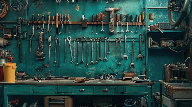 Vintage garage style Various tools hang on a wooden wall in a workshop background