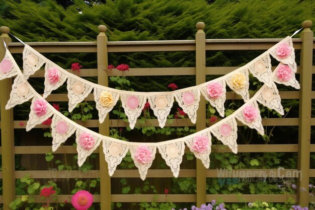 Photo vintage garden party with floral bunting and lace de