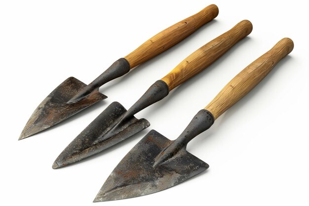 Vintage gardening trowels made of rusty metal and wooden handles These three antique trowels have a rustic look Perfect for garden enthusiasts Suitable for various garden tasks Generative AI