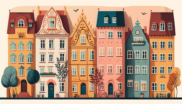 Vintage German style townhomes. Generative AI.