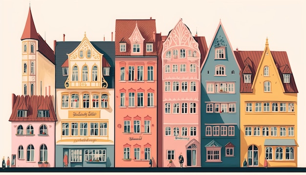 Vintage German style townhomes. Generative AI.