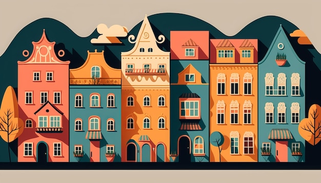 Vintage German style townhomes. Generative AI.