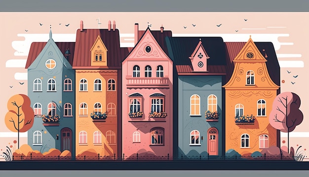 Vintage German style townhomes. Generative AI.