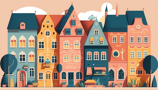 Vintage German style townhomes. Generative AI.