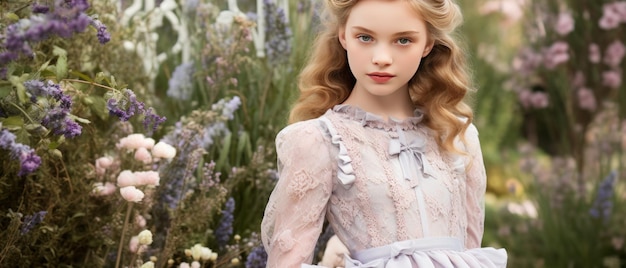 Vintage Girl in Lavender Garden