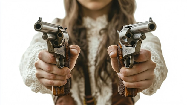 Photo vintage girl with revolvers isolated white background