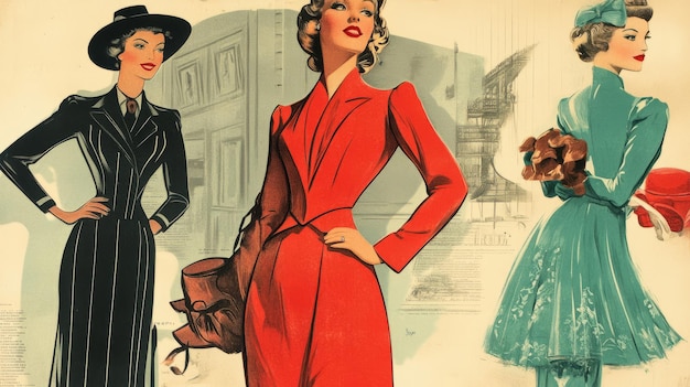 Photo vintage glamour 1940s fashion ads with elegant illustrations