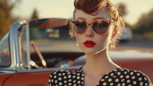 Photo vintage glamour model poses beside classic automobile on sunny day