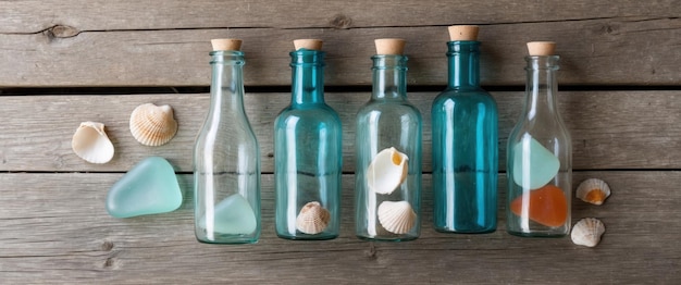 Photo vintage glass bottles with sea glass and shells evoke a serene coastal vibe