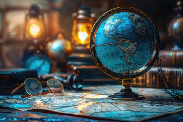 Photo vintage globe on old map background with retro style