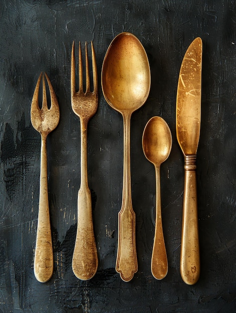 Vintage Gold Flatware on a Black Background