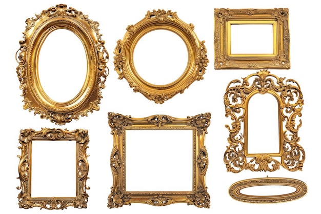 Vintage Gold Picture Frames in a Row on White Background