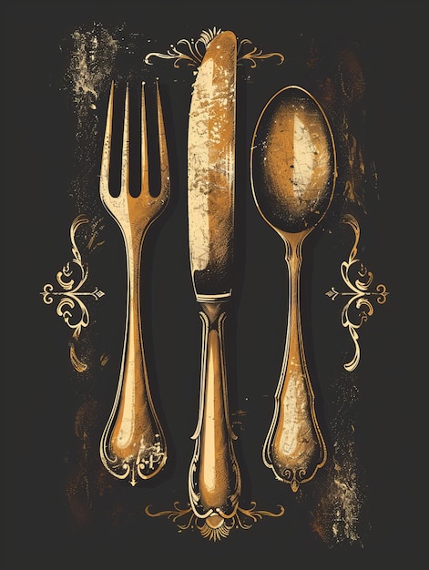 Photo vintage golden cutlery set illustration