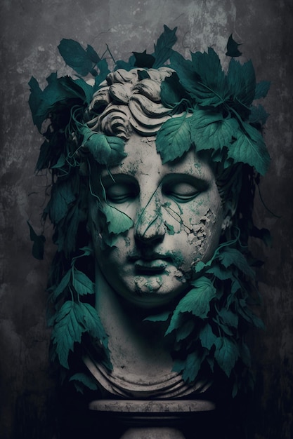 Vintage gothic statue with green leaves on grunge background