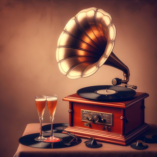 A vintage gramophone playing old jazz records setting the mood for a cabaret evening isolated on