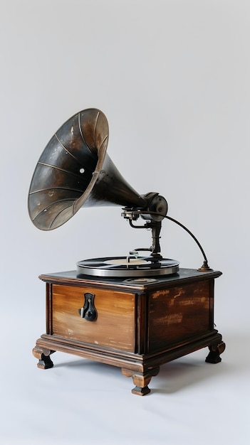 Vintage Gramophone Record Player on Plain White Background