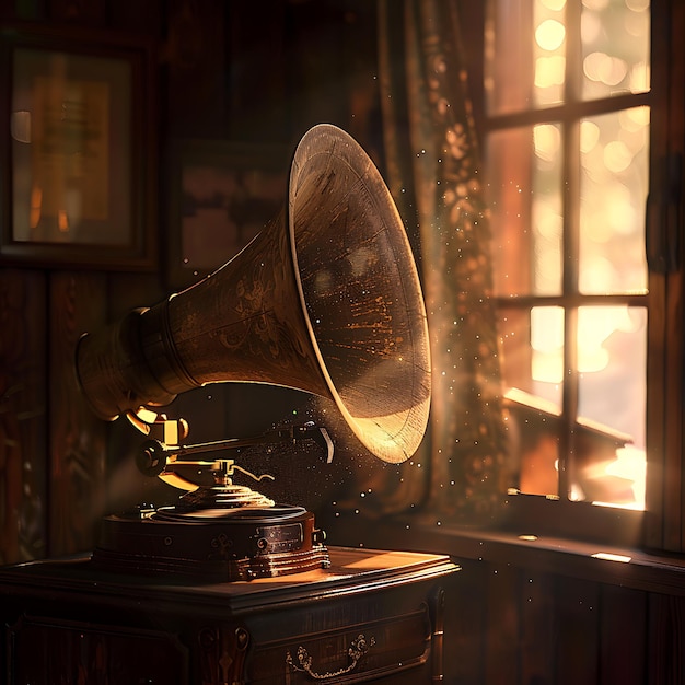 Vintage gramophone with glowing horn in a rustic setting