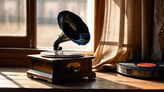 Photo a vintage gramophone on a wooden table in a sunlit room evoking nostalgia and classic charm