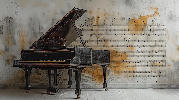 Photo vintage grand piano with sheet music background