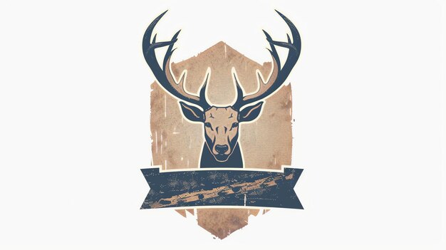 Photo vintage graphic of a deer head with antlers inside a shield with a banner below