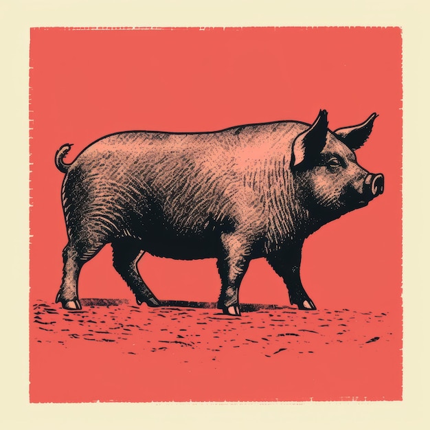 Photo vintage graphic design black and white pig drawing on red background