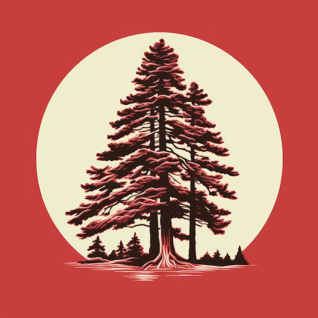 Photo vintage graphic design old pine tree illustration with red background