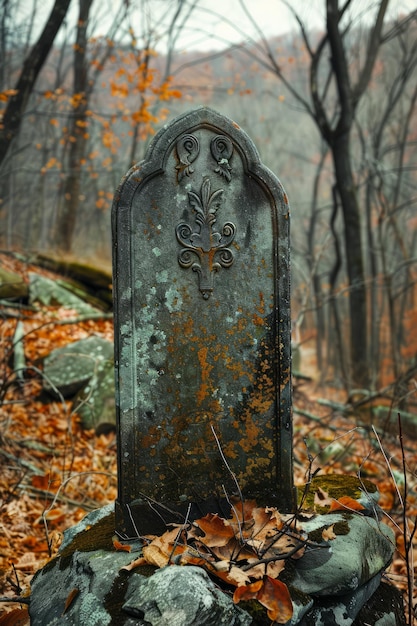 Photo vintage gravestone surrounded by autumn leaves in a misty forest cemetery