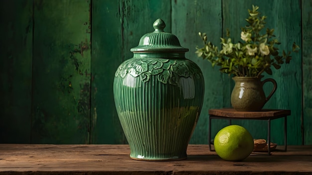 A vintage green ceramic vase with lid on rustic wooden table against a textured green background