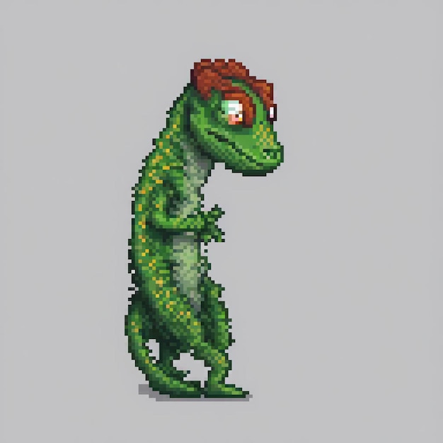 Vintage green dinosaur with fiery red eyes pixel art style