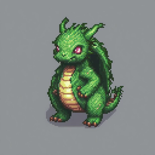 Vintage green dragon with fiery red eyes pixel art style