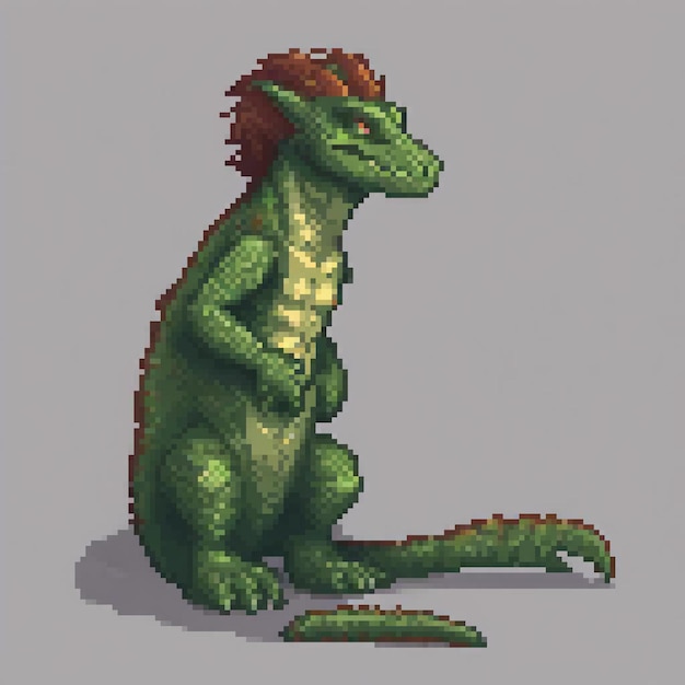 Vintage green dragon with fiery red mane perched on a muted gray backdrop