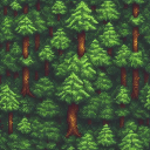 Vintage green forest pixel art serene trees in the center