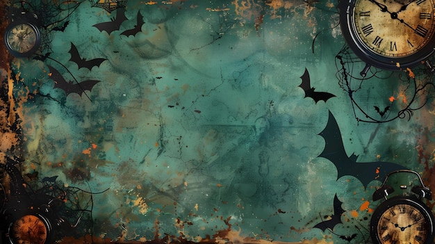 Vintage Halloween Border Design with Antique Clock Faces and Bat Silhouettes on Muted Moody Background for Copyspace