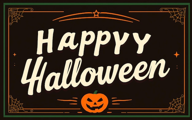 Vintage Halloween greeting with orange pumpkin and white text on black background per