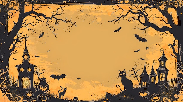 Vintage Halloween Night Backdrop with Silhouetted Cats Branches and Antique Frames for Copy Space