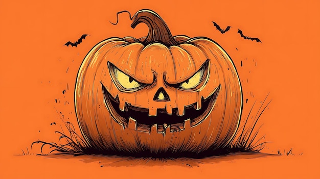 Vintage Halloween Pumpkin Illustration with Angry Expression on Orange Background