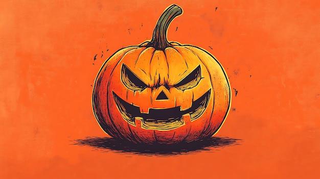 Vintage Halloween Pumpkin Illustration with Angry Expression on Orange Background