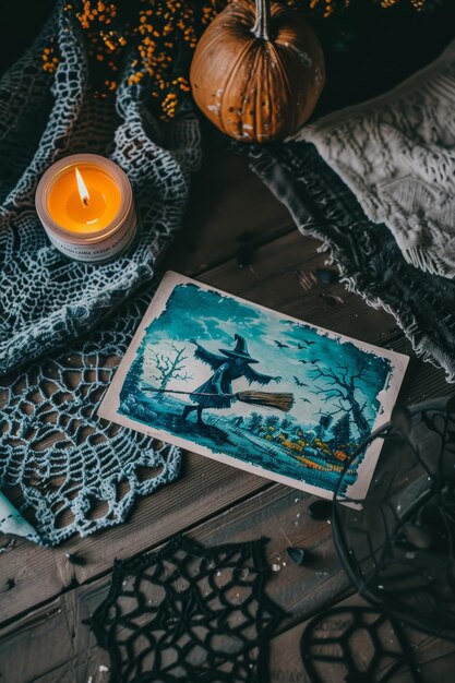 Photo vintage halloween witch card beside candle and lace doily on table for spooky decor